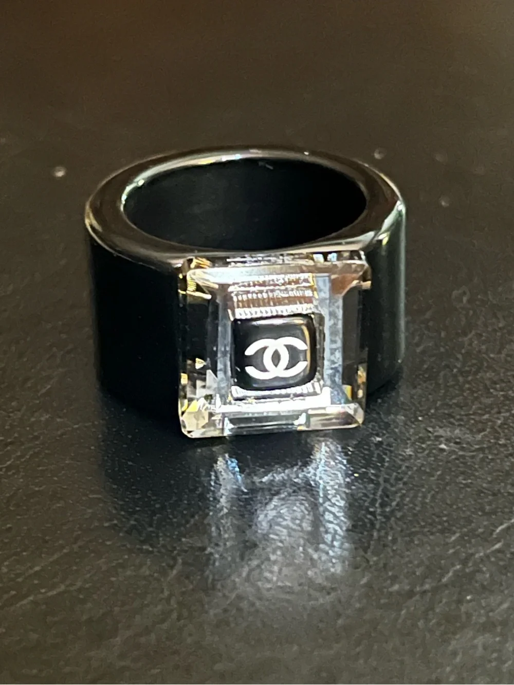 ChaneI Black Acrylic Bold Chunky Center Letter Logo Ring